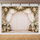 Lofaris Toile de fond de photographie florale rustique avec roses et verdure, élégant arrière-plan en bois clair pour mariage et portrait
