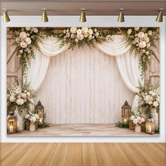 Lofaris Toile de fond de photographie florale rustique avec roses et verdure, élégant arrière-plan en bois clair pour mariage et portrait
