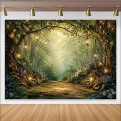 Lofaris Toile de fond forêt enchantée, chemin lumineux et fleurs féeriques, magnifique arrière-plan pour studio photo et portrait
