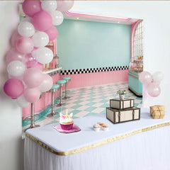 Lofaris Toile de fond de photographie diner rétro rose menthe avec sol à carreaux, arrière-plan vintage pour studio photo et fête