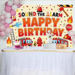 Lofaris Toile de fond joyeux anniversaire pompier avec camions et sirène, décor de fête pour enfants et studio photo