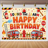 Lofaris Toile de fond joyeux anniversaire pompier avec camions et sirène, décor de fête pour enfants et studio photo