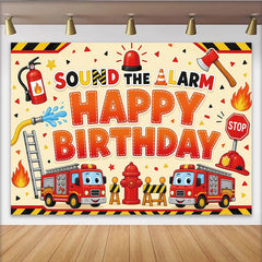 Lofaris Toile de fond joyeux anniversaire pompier avec camions et sirène, décor de fête pour enfants et studio photo