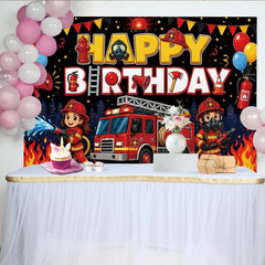 Lofaris Toile de fond joyeux anniversaire pompier avec camion de pompiers et ballons pour enfants, magnifique décor de fête pour studio photo