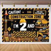 Lofaris Toile de fond 2ème anniversaire thème chantier avec camions et casque, décor de fête pour petit constructeur et photo noir et jaune