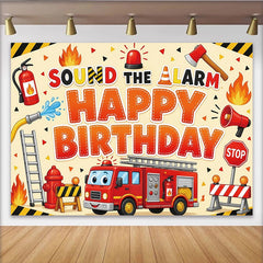 Lofaris Toile de fond joyeux anniversaire pompier avec camion de pompiers et alarme, magnifique décor de fête pour enfants