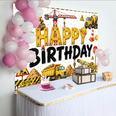 Lofaris Toile de fond anniversaire chantier avec engins de construction jaunes et panneaux, décor de fête pour enfants et studio photo