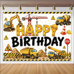 Lofaris Toile de fond anniversaire chantier avec engins de construction jaunes et panneaux, décor de fête pour enfants et studio photo