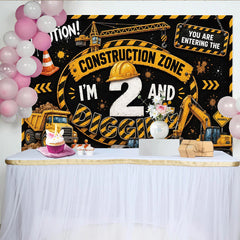 Lofaris Toile de fond pour 2e anniversaire thème chantier avec véhicules de construction, décor de fête pour garçon et studio photo