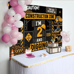 Lofaris Toile de fond 2ème anniversaire thème chantier avec véhicules et panneaux, arrière-plan de fête pour petit garçon et studio photo
