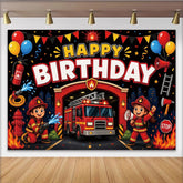 Lofaris Toile de fond anniversaire pompier pour enfants, décor de fête vibrant avec camion de pompiers et ballons pour studio photo