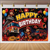 Lofaris Toile de fond joyeux anniversaire pompier dessin animé avec camions et ballons, magnifique décor de fête pour enfants avec flammes