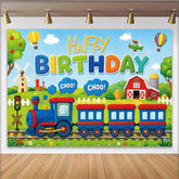 Lofaris Toile de fond pour anniversaire train coloré avec ballons et avion, joyeux décor de fête pour enfants et studio photo
