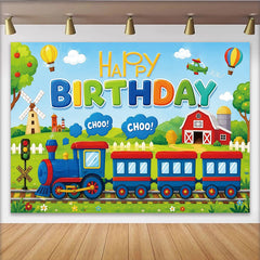 Lofaris Toile de fond pour anniversaire train coloré avec ballons et avion, joyeux décor de fête pour enfants et studio photo