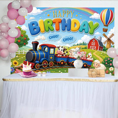 Lofaris Toile de fond pour anniversaire avec train et animaux de la ferme, joyeux décor de fête arc-en-ciel pour enfants