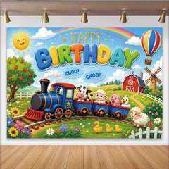 Lofaris Toile de fond pour anniversaire avec train et animaux de la ferme, joyeux décor de fête arc-en-ciel pour enfants