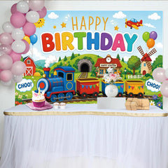 Lofaris Toile de fond pour anniversaire train coloré avec ballons et paysage, magnifique décor de fête pour enfants et studio photo