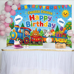 Lofaris Toile de fond joyeux anniversaire train et animaux de dessin animé pour enfants, décor coloré de fête avec ballons et cadeaux