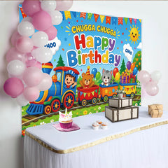 Lofaris Toile de fond joyeux anniversaire train et animaux de dessin animé pour enfants, décor coloré de fête avec ballons et cadeaux