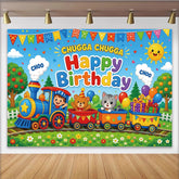 Lofaris Toile de fond joyeux anniversaire train et animaux de dessin animé pour enfants, décor coloré de fête avec ballons et cadeaux