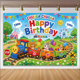 Lofaris Toile de fond joyeux anniversaire train et animaux de dessin animé, scène de fête colorée pour enfants et studio photo