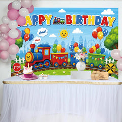 Lofaris Toile de fond joyeux anniversaire train dessin animé pour enfant, décor de fête coloré avec ballons et ville pour studio photo