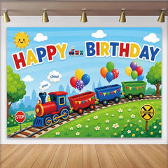 Lofaris Toile de fond joyeux anniversaire train dessin animé pour enfants avec ballons, magnifique décor de fête pour studio photo