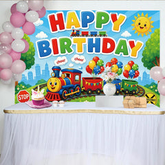 Lofaris Toile de fond joyeux anniversaire train dessin animé et ballons, arrière-plan festif pour studio photo et célébration