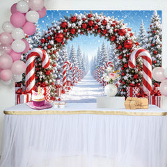 Lofaris Toile de fond de Noël enneigée avec arche de bonbons et cadeaux, magnifique décor de forêt hivernale pour photographie de fête
