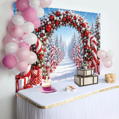 Lofaris Toile de fond de Noël enneigée avec arche de bonbons et cadeaux, magnifique décor de forêt hivernale pour photographie de fête