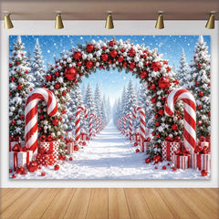Lofaris Toile de fond de Noël enneigée avec arche de bonbons et cadeaux, magnifique décor de forêt hivernale pour photographie de fête