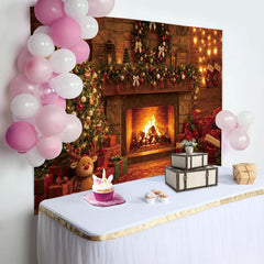 Lofaris Toile de fond de Noël cheminée et sapin décoré avec cadeaux, arrière-plan chaleureux pour photographie de vacances
