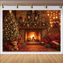 Lofaris Toile de fond de Noël cheminée et sapin décoré avec cadeaux, arrière-plan chaleureux pour photographie de vacances