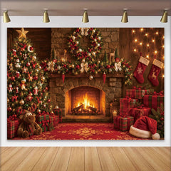 Lofaris Toile de fond de Noël cheminée chaleureuse sapin décoré et cadeaux, magnifique arrière-plan pour ambiance festive et studio photo