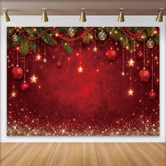 Lofaris Toile de fond de Noël rouge scintillante avec étoiles et boules, magnifique décor de fête pour studio photo