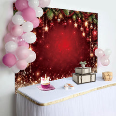 Lofaris Toile de fond de Noël rouge et or avec étoiles scintillantes et boules, décor festif pour fête d'hiver et photographie