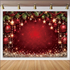 Lofaris Toile de fond de Noël rouge et or avec étoiles scintillantes et boules, décor festif pour fête d'hiver et photographie