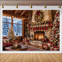 Lofaris Toile de fond de Noël chalet en bois, cheminée et sapins enneigés, décor de fête hivernal pour studio photo