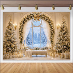 Lofaris Toile de fond de Noël élégante avec sapins enneigés et dorures, magnifique arrière-plan hivernal pour studio photo