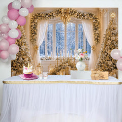 Lofaris Toile de fond de Noël élégante avec sapins dorés et fenêtre enneigée, luxueux décor de fête hivernal pour studio photo