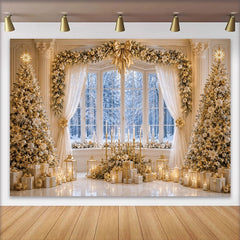 Lofaris Toile de fond de Noël élégante avec sapins dorés et fenêtre enneigée, luxueux décor de fête hivernal pour studio photo