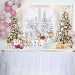 Lofaris Toile de fond de Noël élégante avec sapins enneigés et cadeaux, magnifique arrière-plan de fête pour studio photo