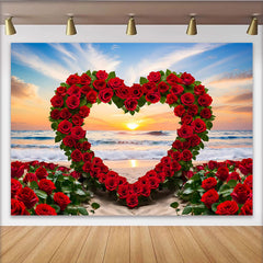 Lofaris Décor de photographie Mariage coucher de soleil plage, arche cœur de roses rouges et vagues
