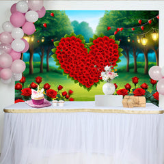 Lofaris Décor de photographie Forêt enchantée cœur, cœur de roses rouges et guirlandes lumineuses pour Saint-Valentin