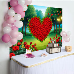 Lofaris Décor de photographie Forêt enchantée cœur, cœur de roses rouges et guirlandes lumineuses pour Saint-Valentin