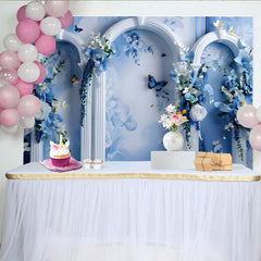 Lofaris Décor artistique Rêve floral bleu, arche blanche ornée et papillon