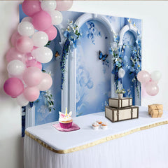 Lofaris Décor artistique Rêve floral bleu, arche blanche ornée et papillon