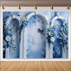 Lofaris Décor artistique Rêve floral bleu, arche blanche ornée et papillon