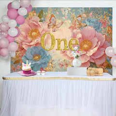 Lofaris Décor de photographie Premier anniversaire pivoine rose, ONE pailleté et fleurs bleues