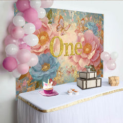 Lofaris Décor de photographie Premier anniversaire pivoine rose, ONE pailleté et fleurs bleues